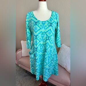 Fresh Produce A Line Dress Geometric Turquoise Watercolor Print Women’s L Beach